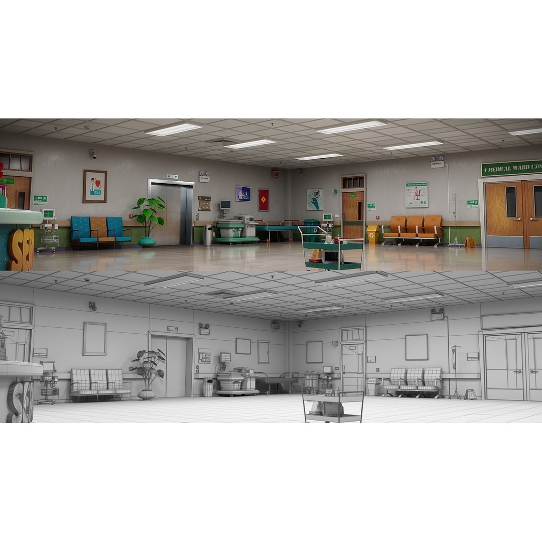 Cartoon Hospital Ward Corridor 3D Model – High Poly PBR Interior, FBX - View 27