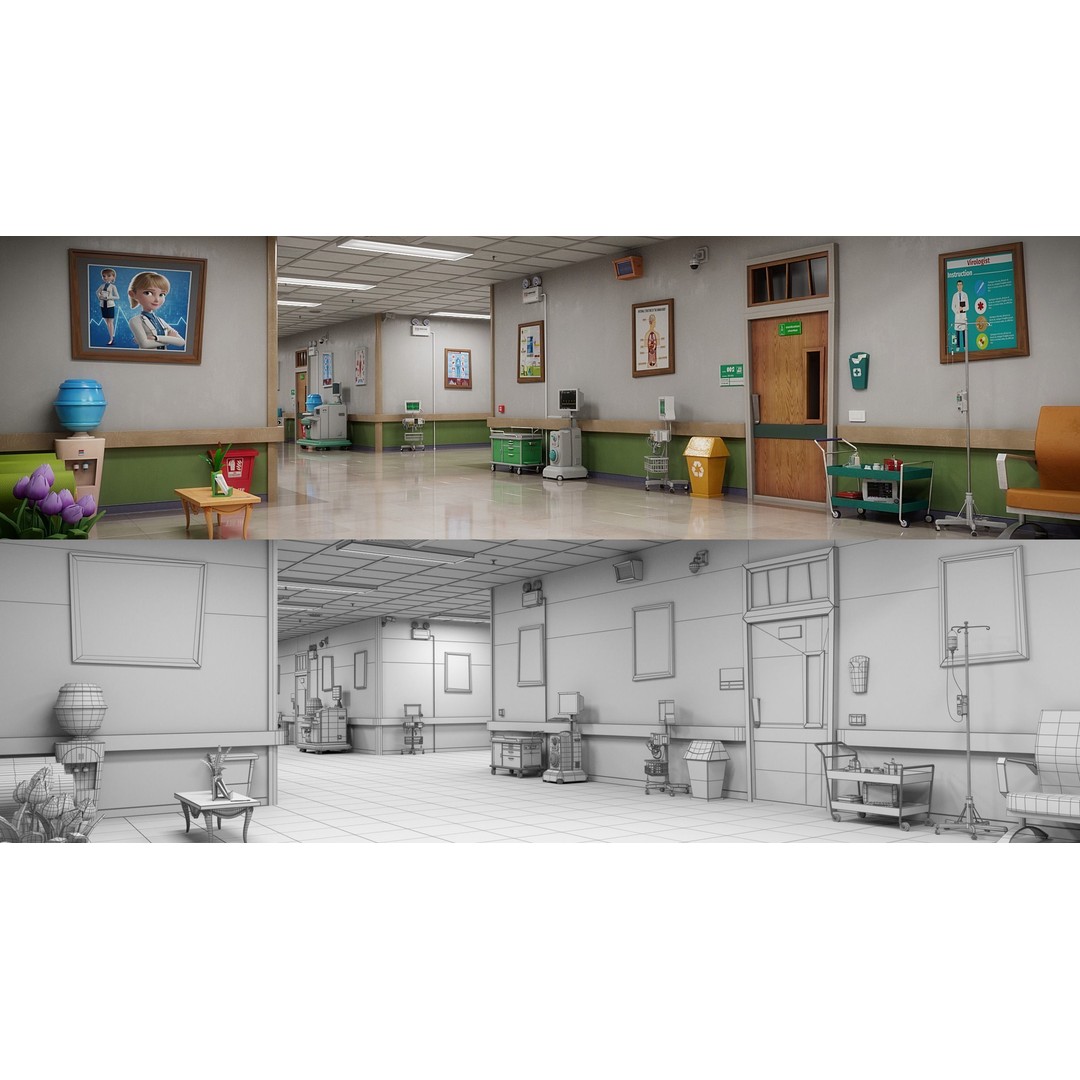 Cartoon Hospital Ward Corridor 3D Model – High Poly PBR Interior, FBX - View 28