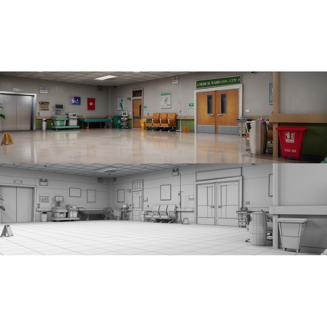 Cartoon Hospital Ward Corridor 3D Model – High Poly PBR Interior, FBX - View 29