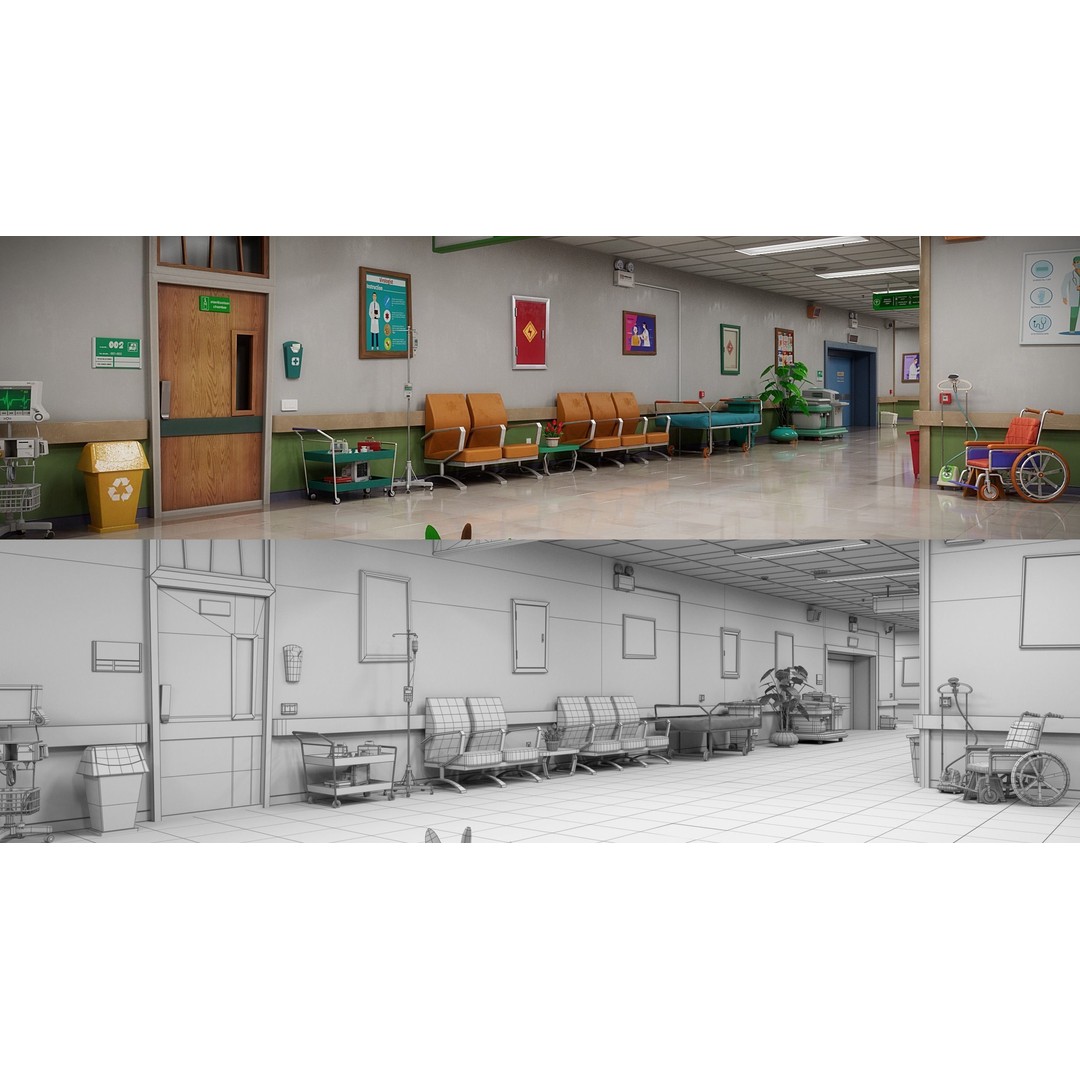 Cartoon Hospital Ward Corridor 3D Model – High Poly PBR Interior, FBX - View 30