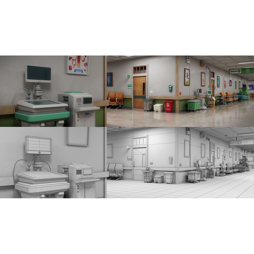 Cartoon Hospital Ward Corridor 3D Model – High Poly PBR Interior, FBX - View 31