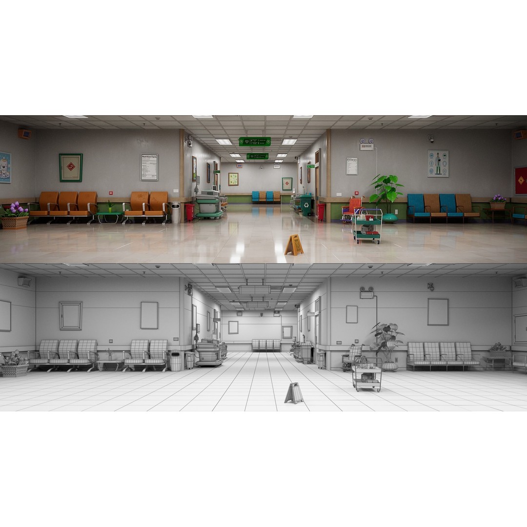 Cartoon Hospital Ward Corridor 3D Model – High Poly PBR Interior, FBX - View 32