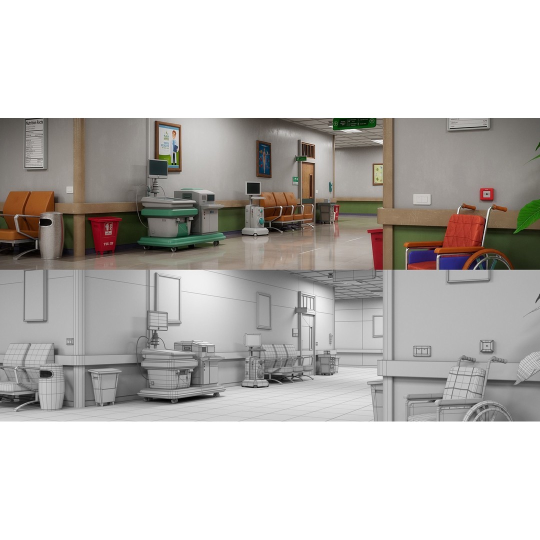 Cartoon Hospital Ward Corridor 3D Model – High Poly PBR Interior, FBX - View 33