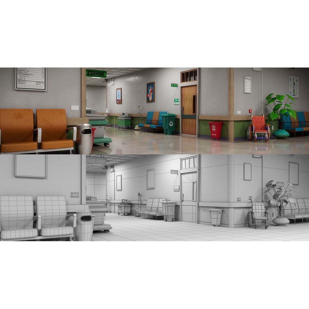 Cartoon Hospital Ward Corridor 3D Model – High Poly PBR Interior, FBX - View 34