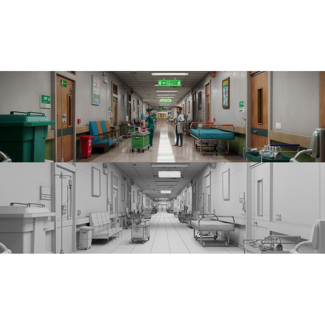 Cartoon Hospital Ward Corridor 3D Model – High Poly PBR Interior, FBX - View 4
