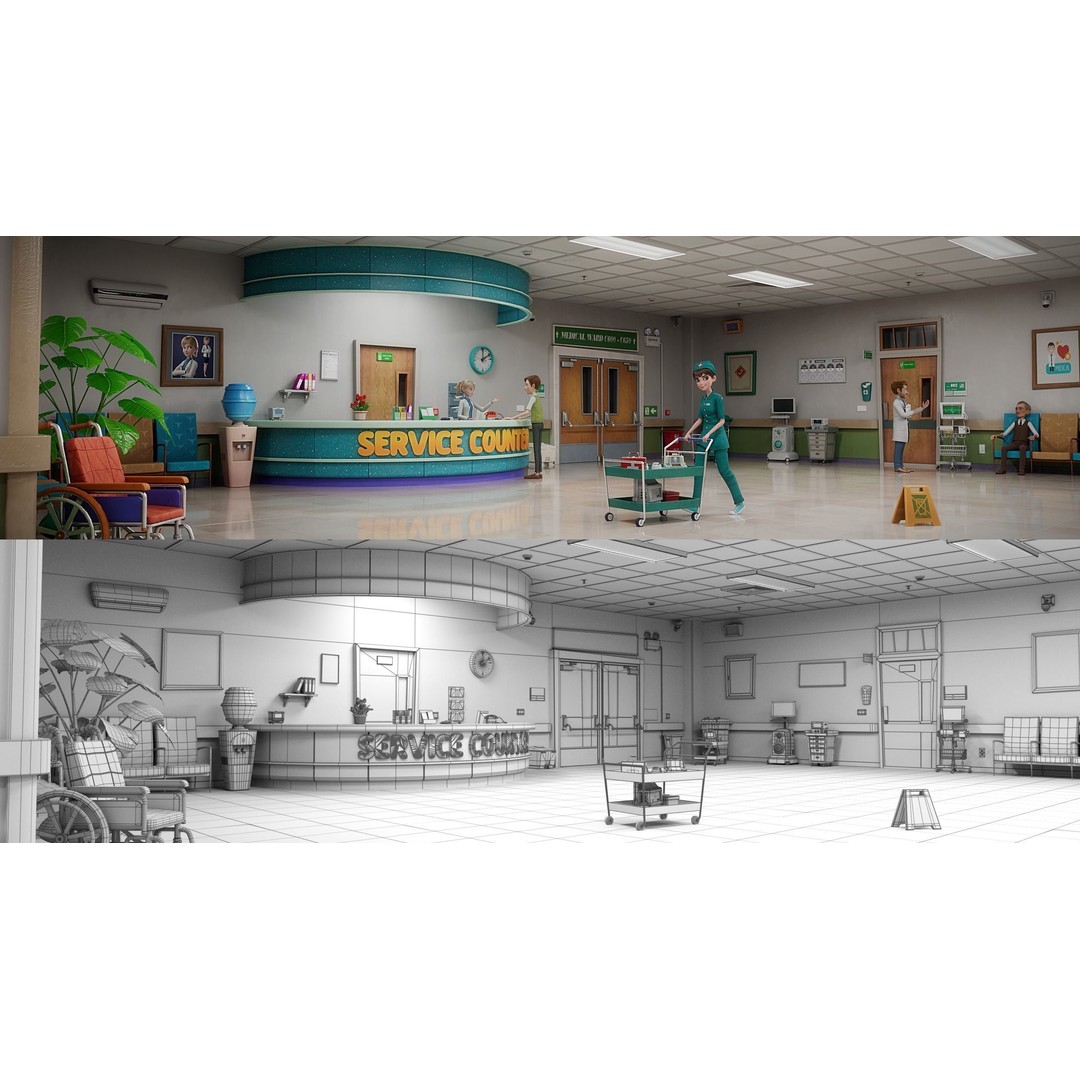 Cartoon Hospital Ward Corridor 3D Model – High Poly PBR Interior, FBX - View 5