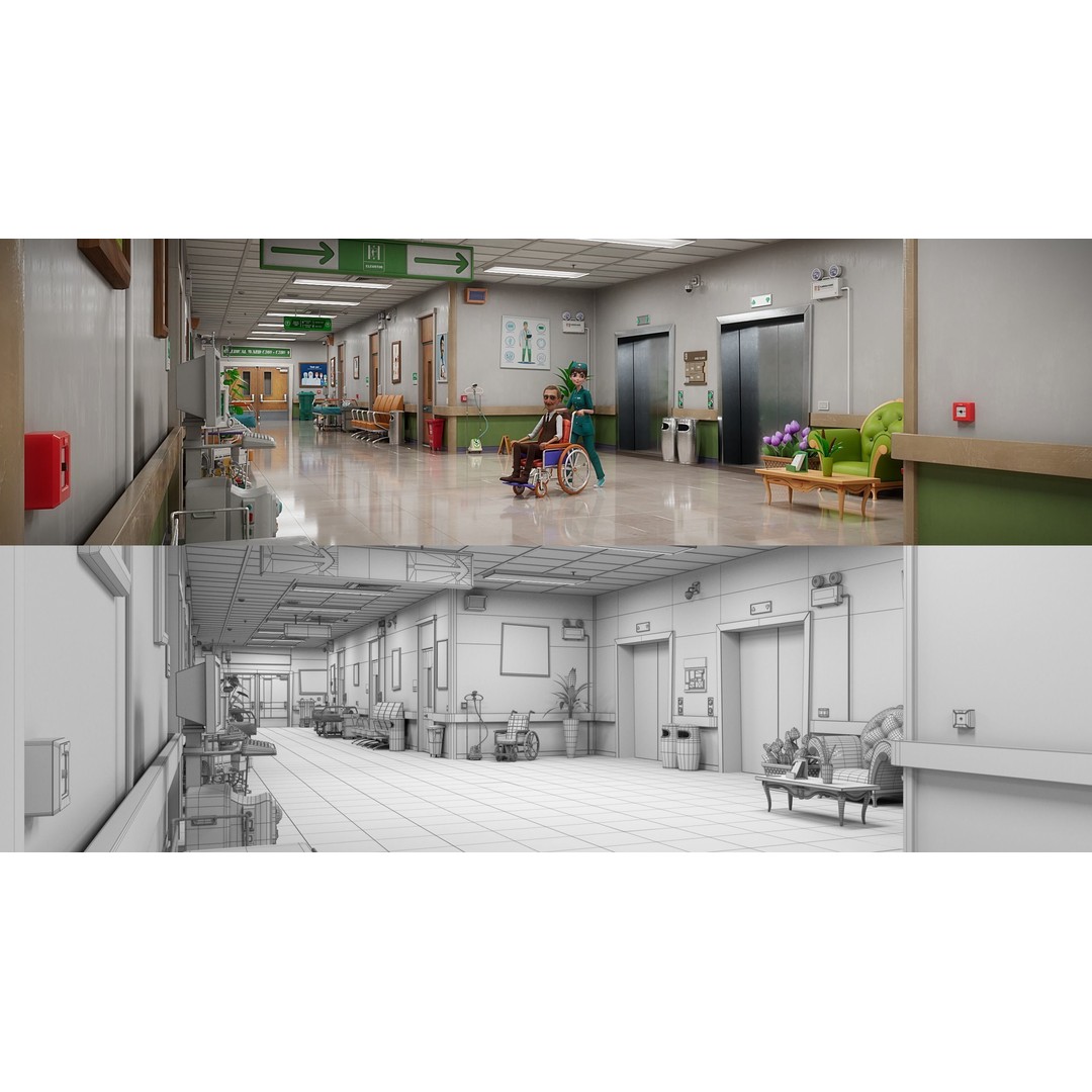 Cartoon Hospital Ward Corridor 3D Model – High Poly PBR Interior, FBX - View 6