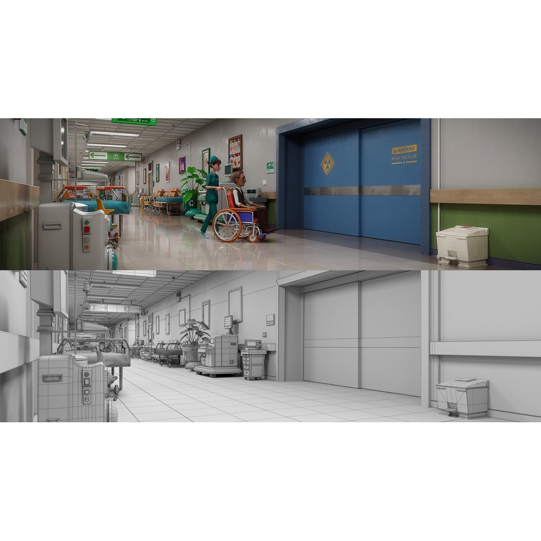 Cartoon Hospital Ward Corridor 3D Model – High Poly PBR Interior, FBX - View 7