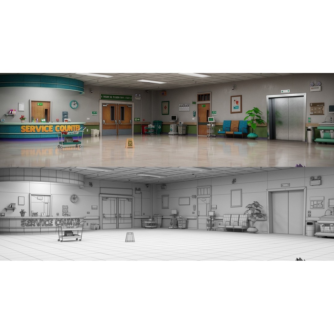 Cartoon Hospital Ward Corridor 3D Model – High Poly PBR Interior, FBX - View 9