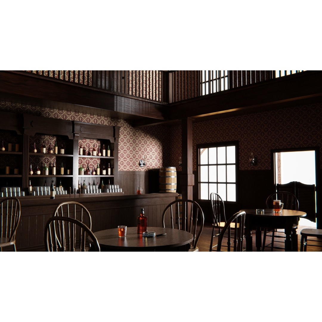 Western Saloon Interior 3D Model – Game Ready Scene with PBR Textures, Blender, FBX, OBJ - View 11