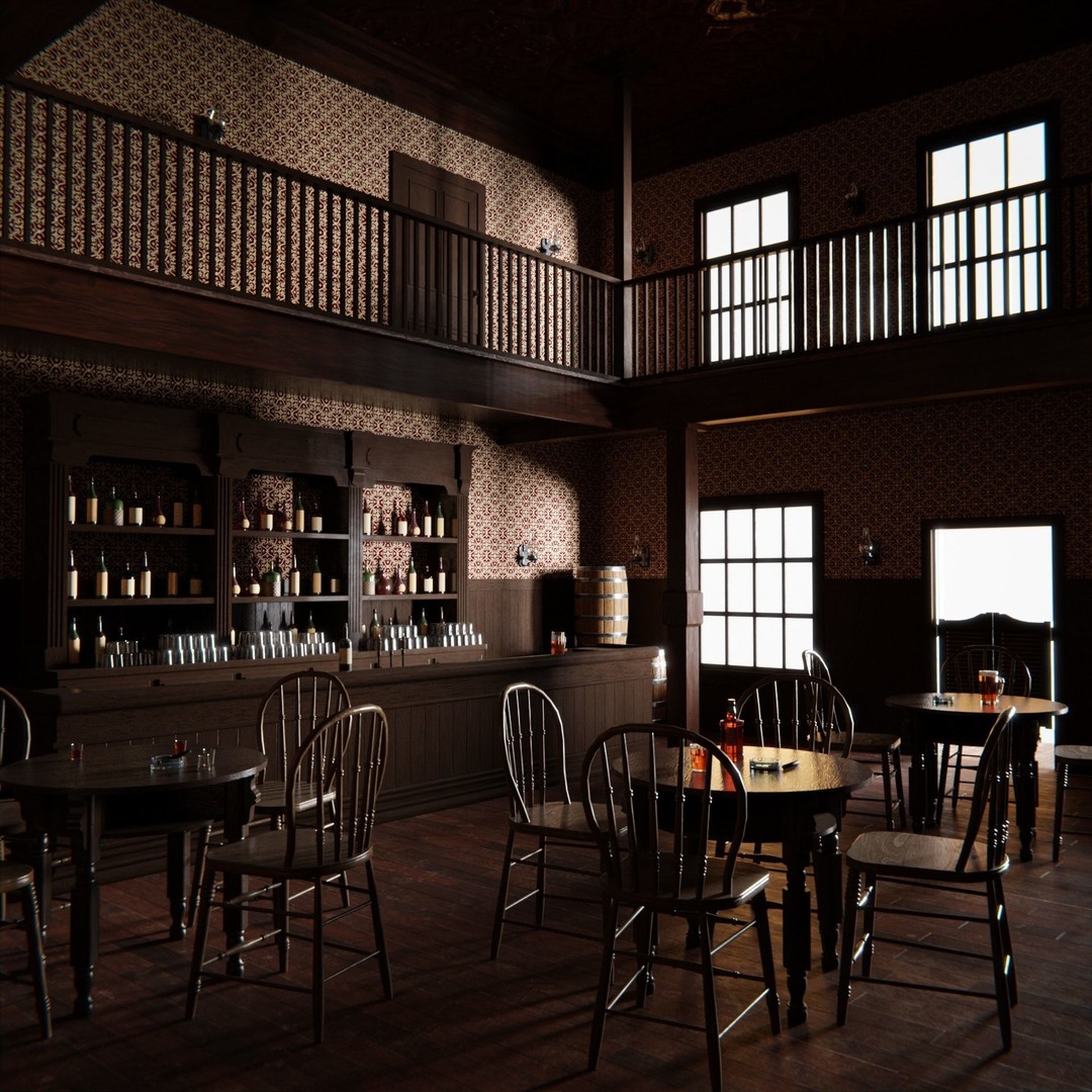 Western Saloon Interior 3D Model – Game Ready Scene with PBR Textures, Blender, FBX, OBJ - View 15