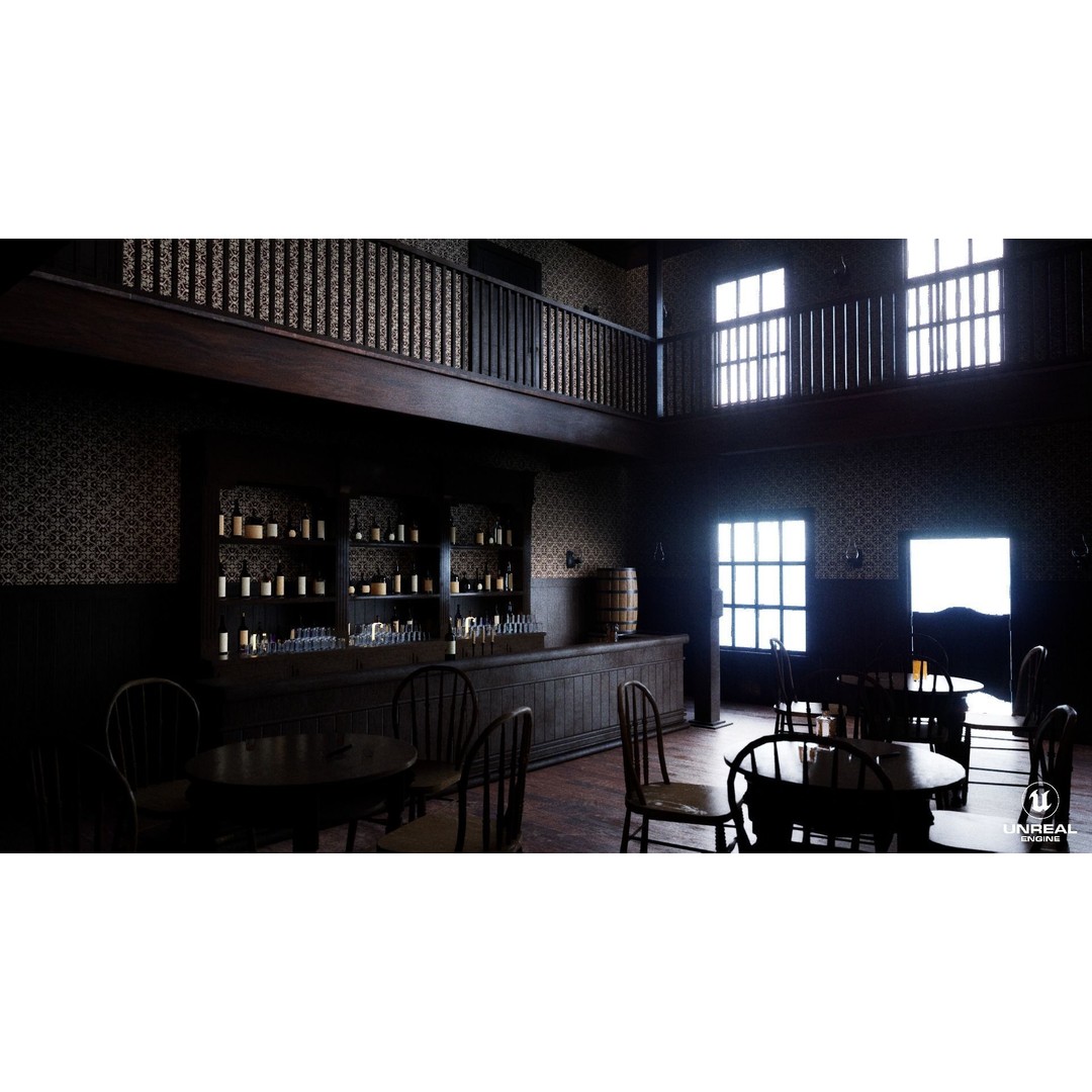Western Saloon Interior 3D Model – Game Ready Scene with PBR Textures, Blender, FBX, OBJ - View 16