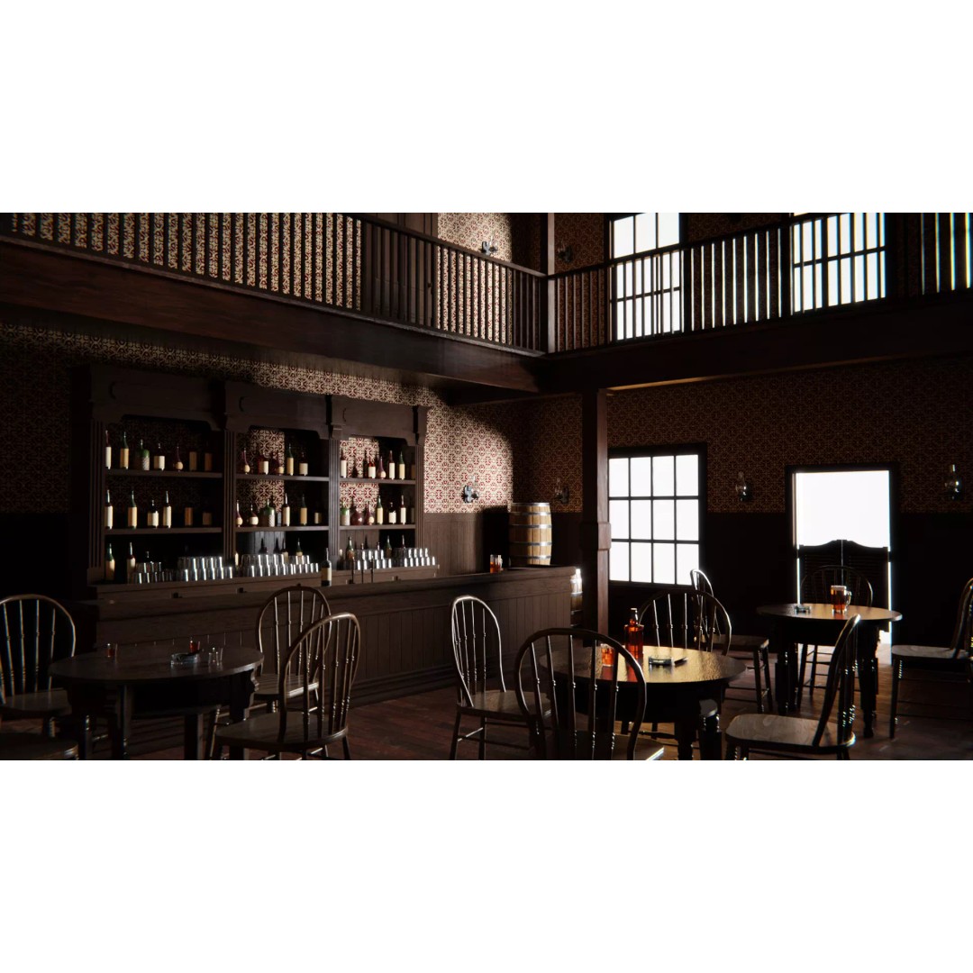 Western Saloon Interior 3D Model – Game Ready Scene with PBR Textures, Blender, FBX, OBJ - View 2