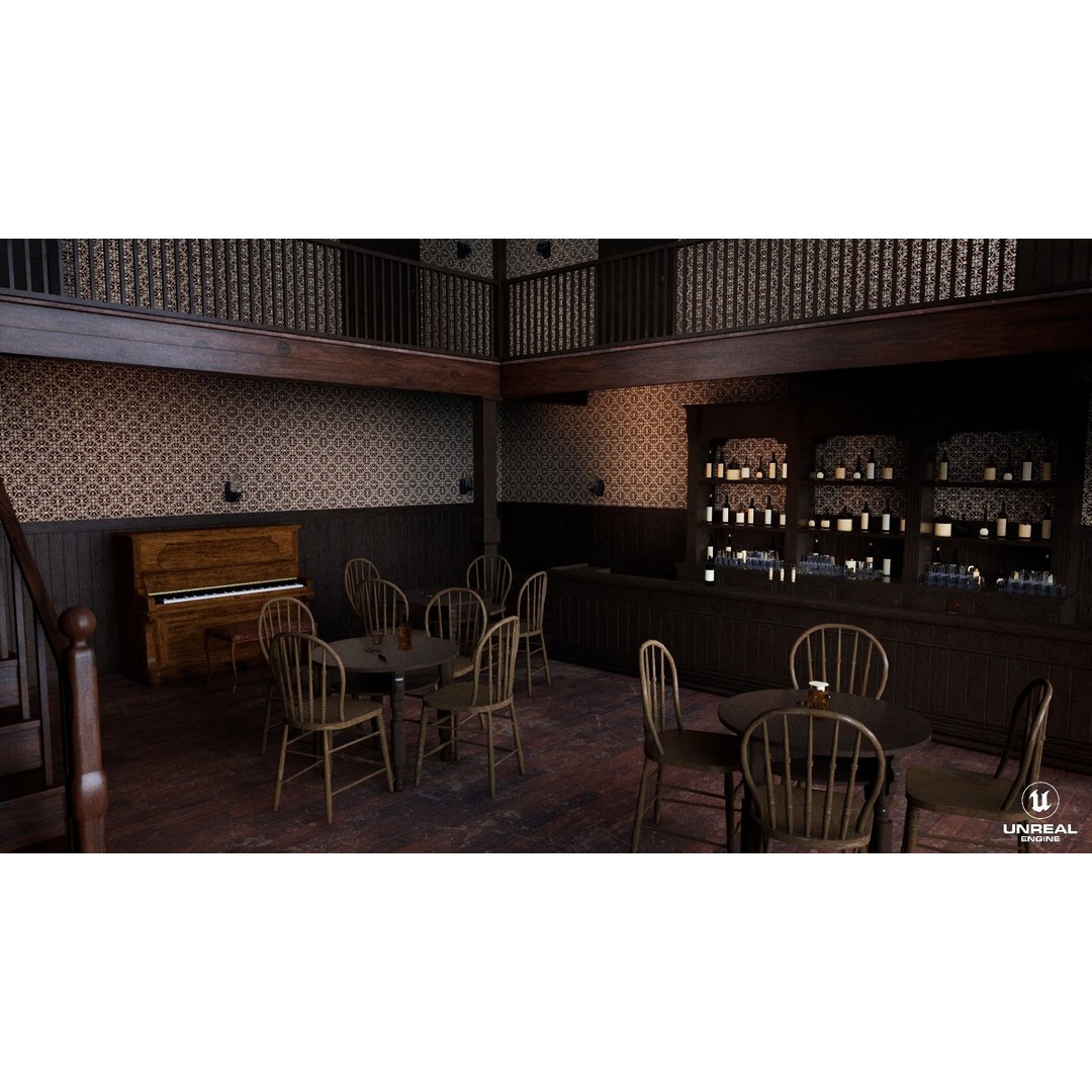 Western Saloon Interior 3D Model – Game Ready Scene with PBR Textures, Blender, FBX, OBJ - View 22