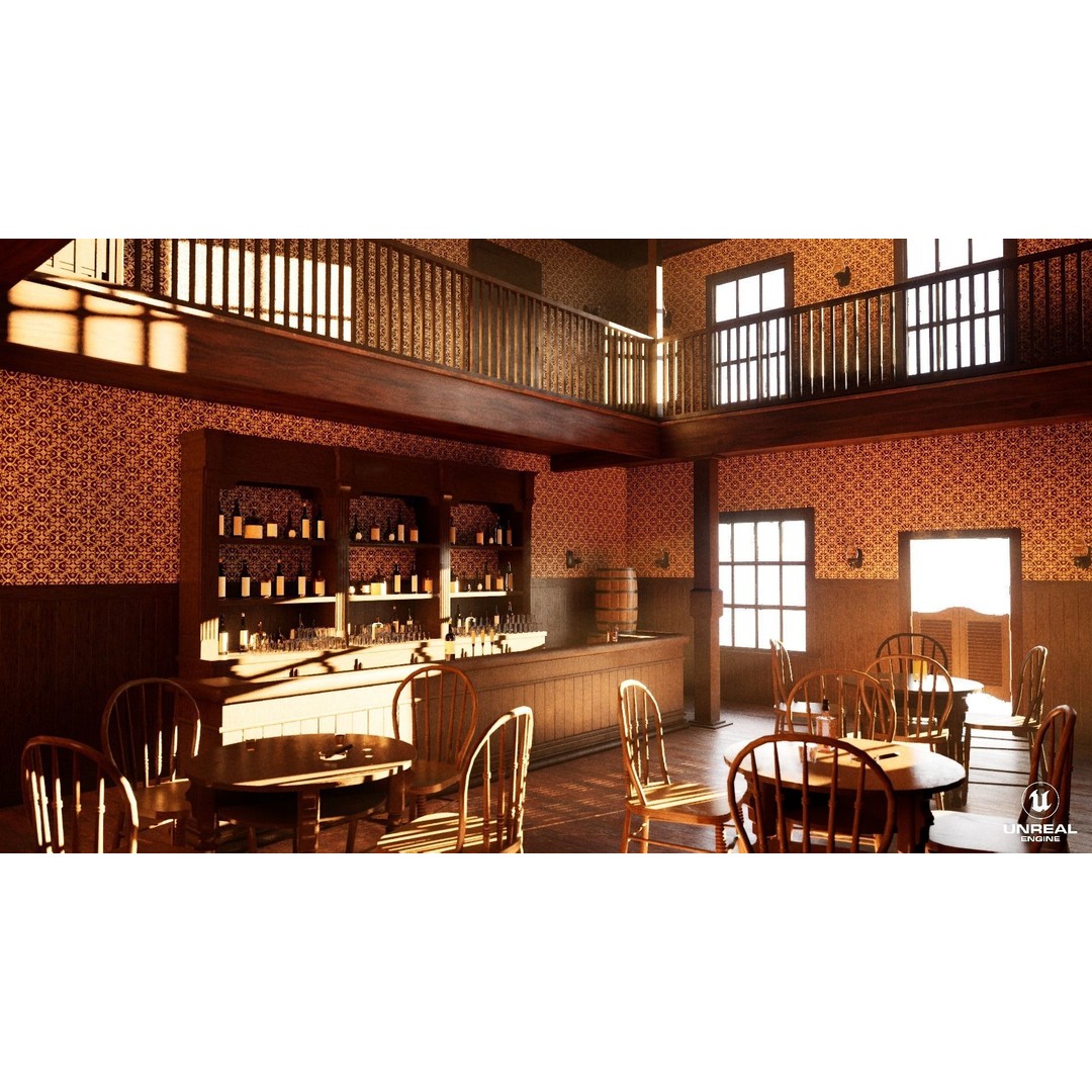 Western Saloon Interior 3D Model – Game Ready Scene with PBR Textures, Blender, FBX, OBJ - View 25