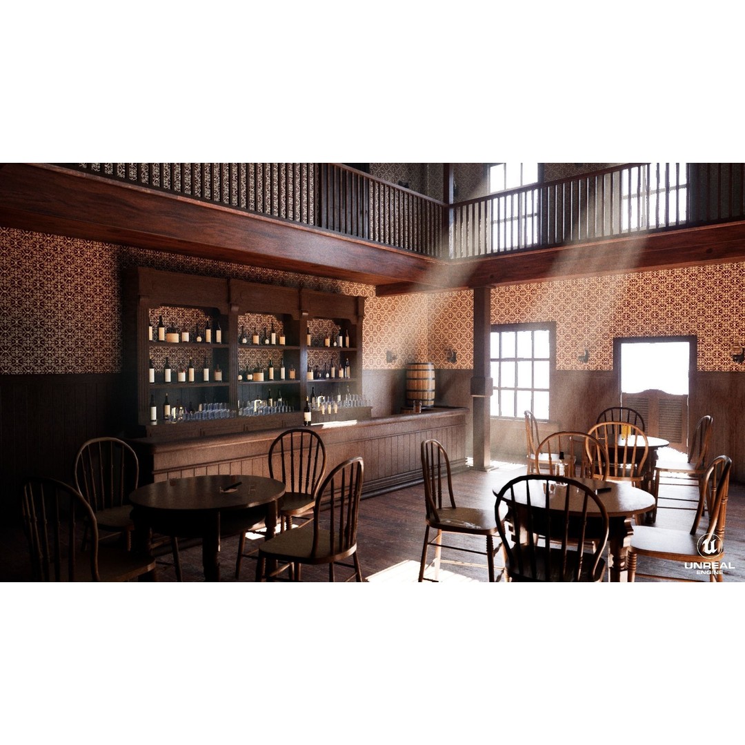Western Saloon Interior 3D Model – Game Ready Scene with PBR Textures, Blender, FBX, OBJ - View 3
