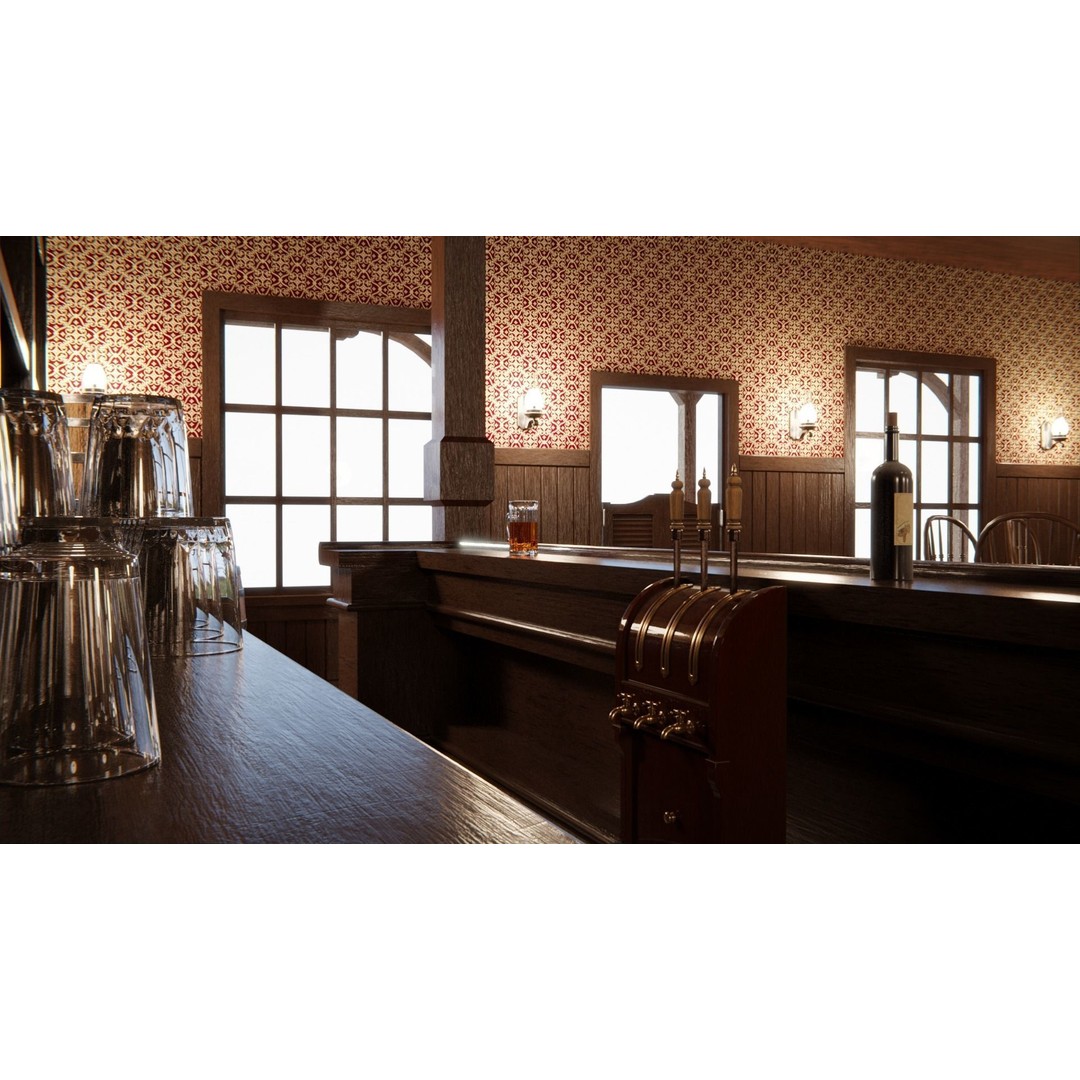Western Saloon Interior 3D Model – Game Ready Scene with PBR Textures, Blender, FBX, OBJ - View 7