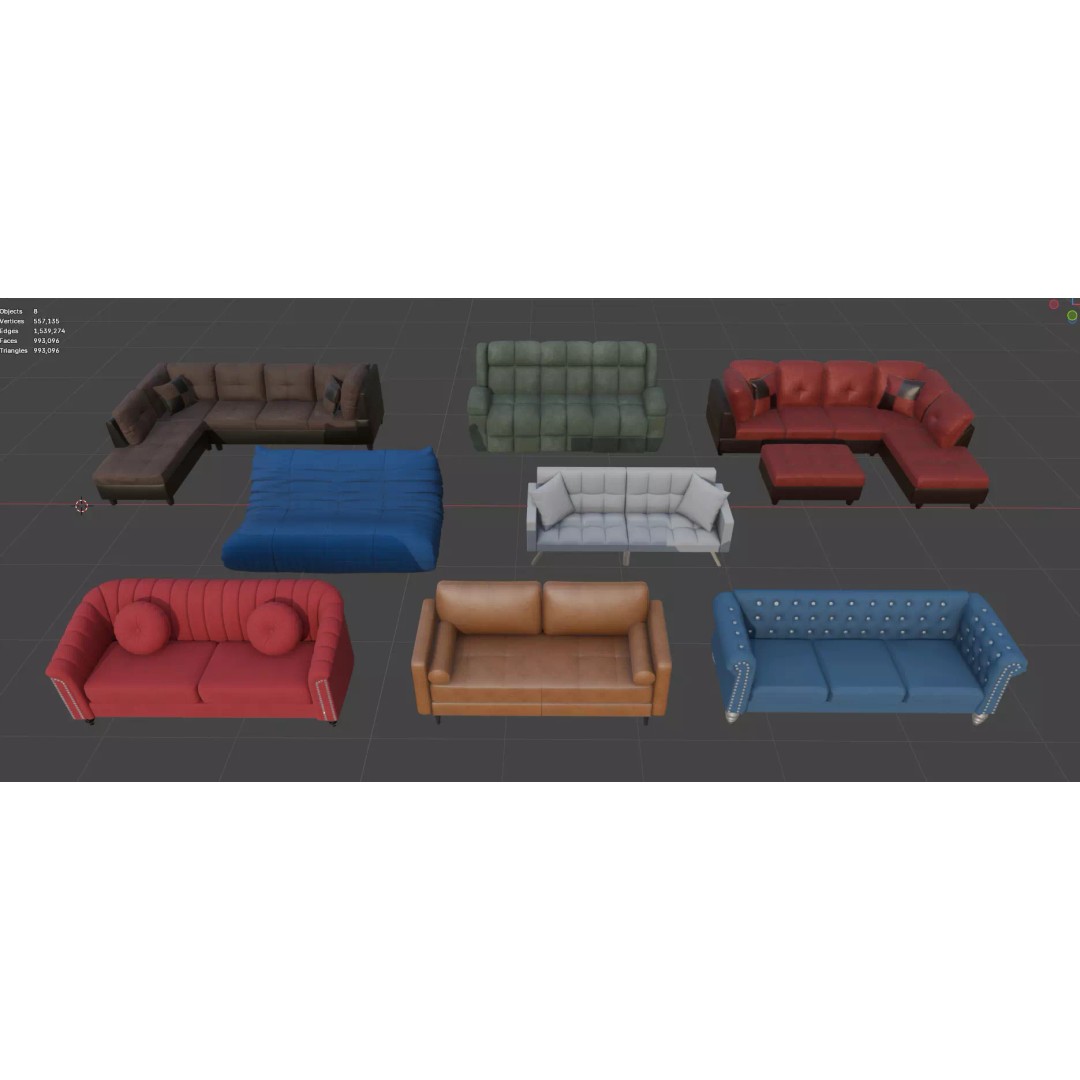 Modern Sofa 3D Model – Low Poly Furniture Collection, FBX - View 9