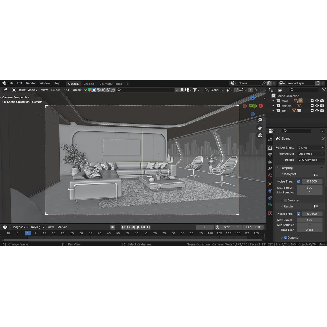 Modern Wooden Living Room 3D Model – High Poly PBR Interior, Blender, FBX, OBJ