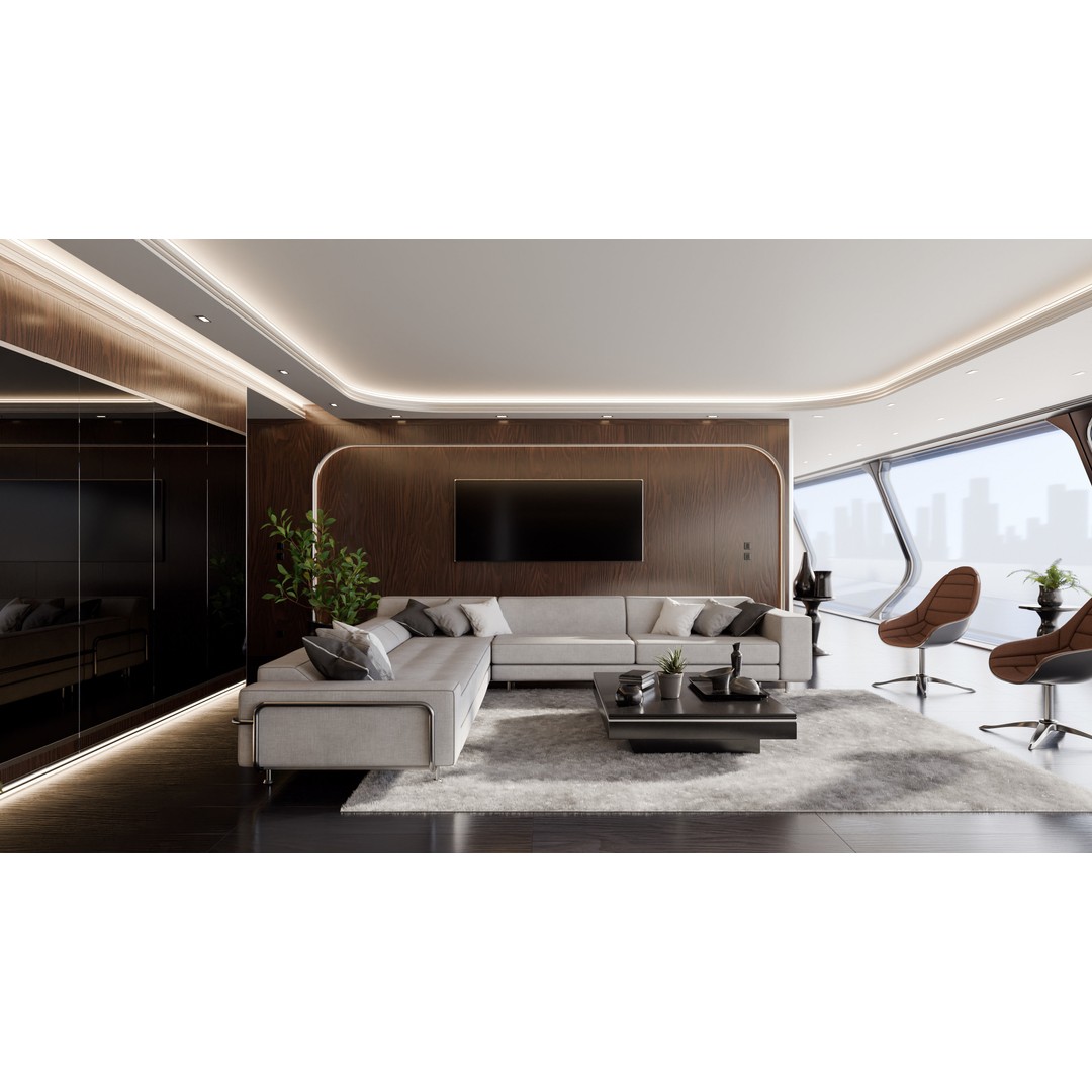 Modern Wooden Living Room 3D Model – High Poly PBR Interior, Blender, FBX, OBJ - View 7
