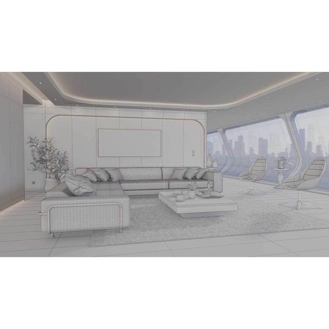 Modern Wooden Living Room 3D Model – High Poly PBR Interior, Blender, FBX, OBJ - View 9