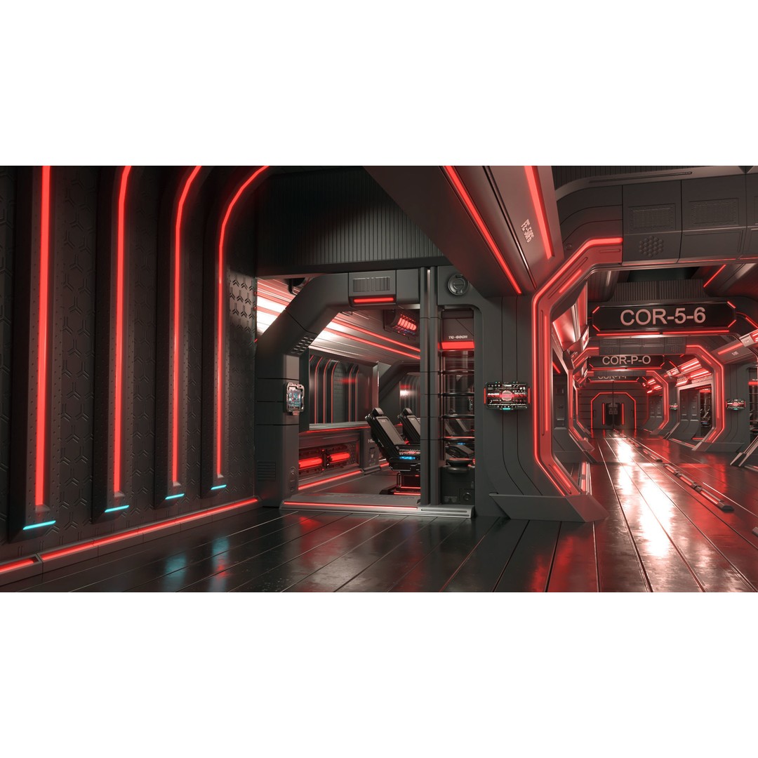 Sci-Fi Modular Interior Space Station 3D Model – PBR Textured, Game-Ready Formats - View 4