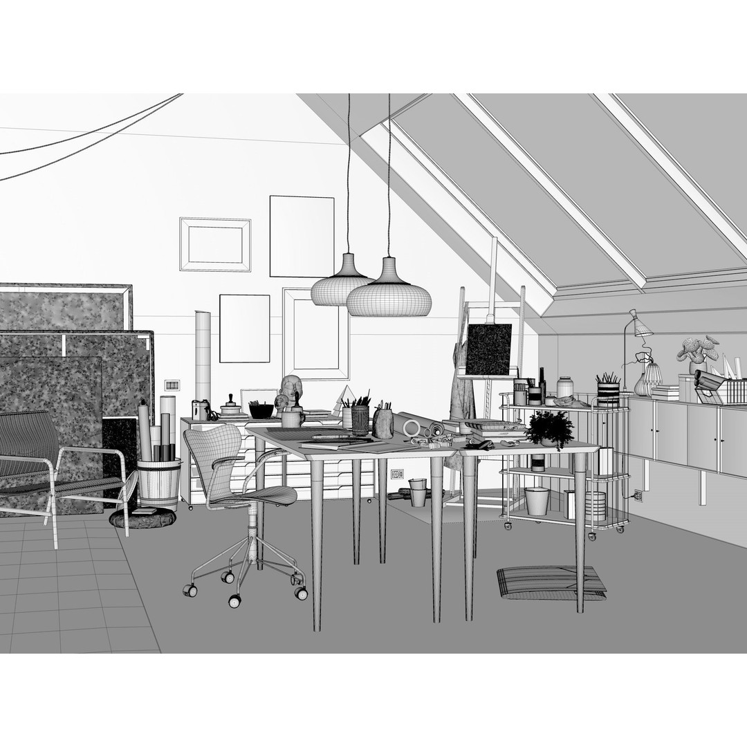 Watercolor Room Interior 3D Model – High Detail Scene with Textures