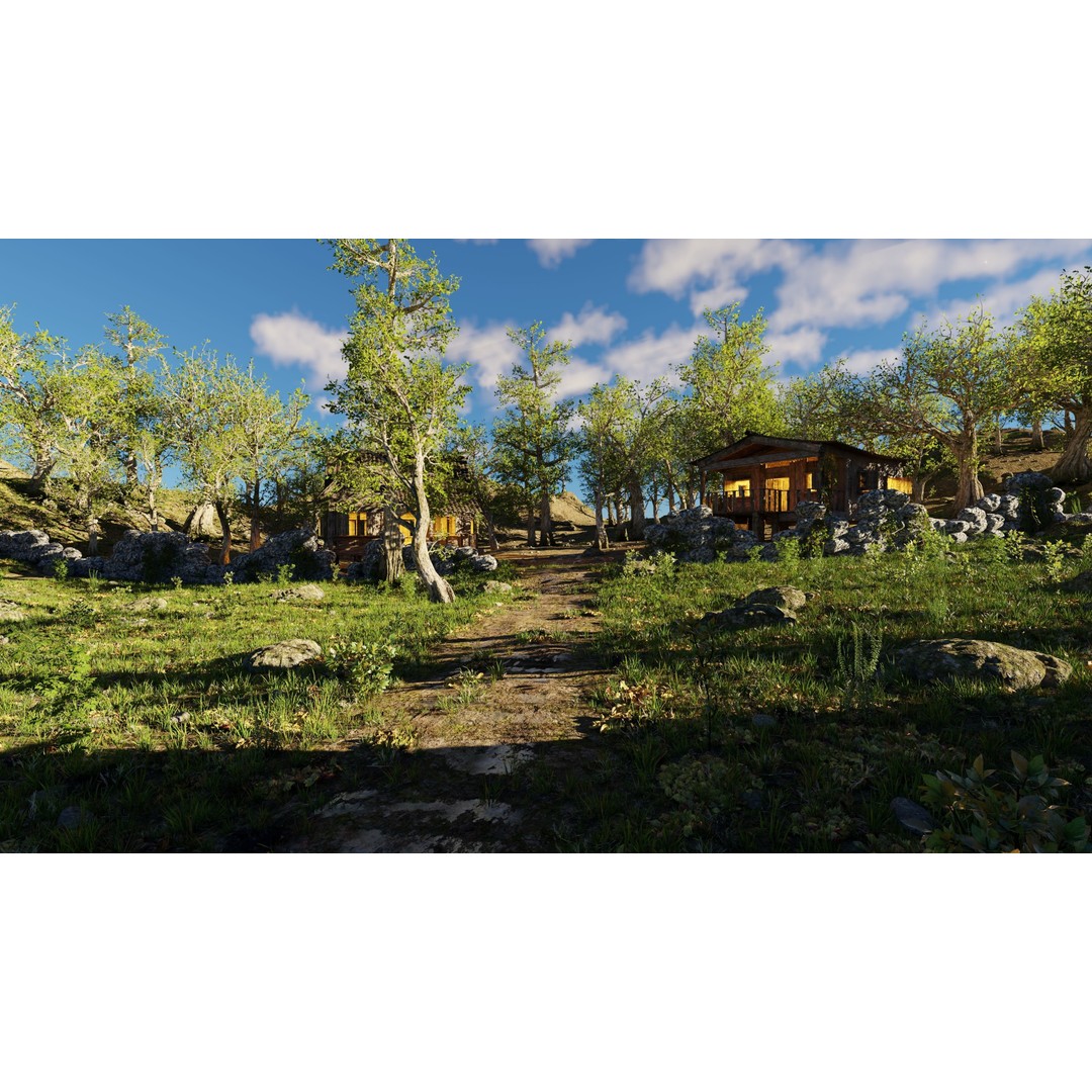 Cabins Scene 3D Model – Realistic Landscape with PBR Textures, Blender - View 4
