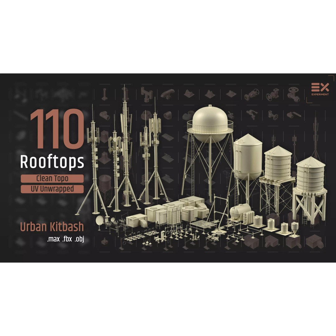 Rooftop Props 3D Model – Low Poly Exterior Assets, FBX, OBJ - View 2
