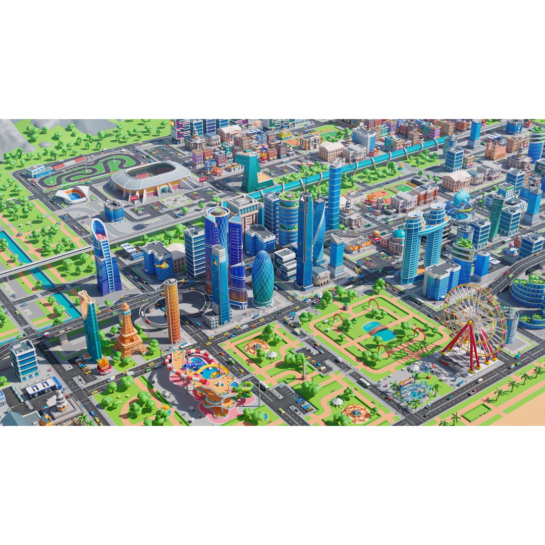 Megacity 3D Model – Low Poly Cityscape with Traffic System, FBX, Blender - View 6