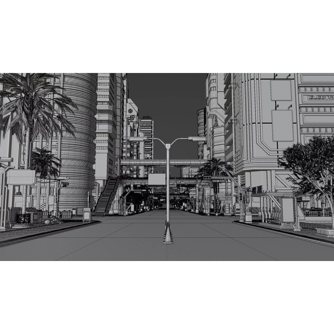 Cyberpunk City Scene 3D Model – Low Poly Game Asset, FBX, Blender - View 19