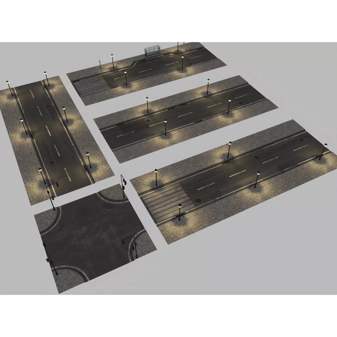 Modular Night City Street Pack 3D Model – Low Poly Urban Environment, FBX - View 3