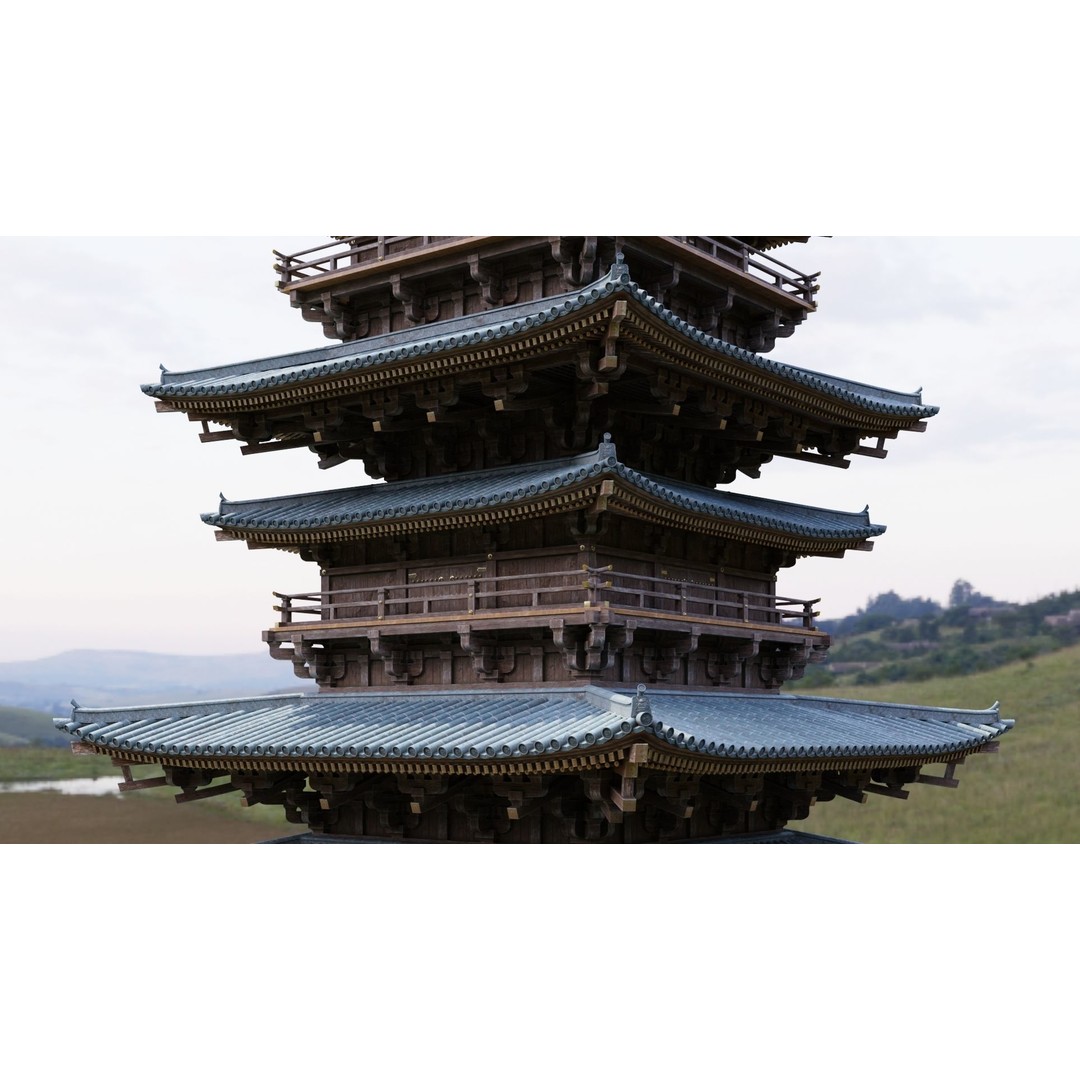Japanese Pagoda 3D Model – Low Poly PBR Architecture Pack, FBX, OBJ - View 3
