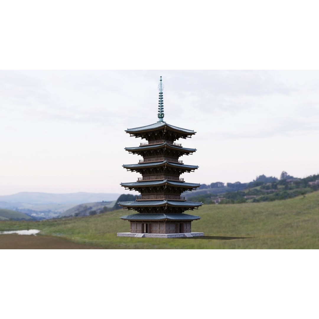 Japanese Pagoda 3D Model – Low Poly PBR Architecture Pack, FBX, OBJ - View 9