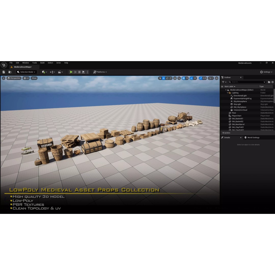 Medieval Props 3D Model – Low-Poly Kitbash for Games, FBX, PBR