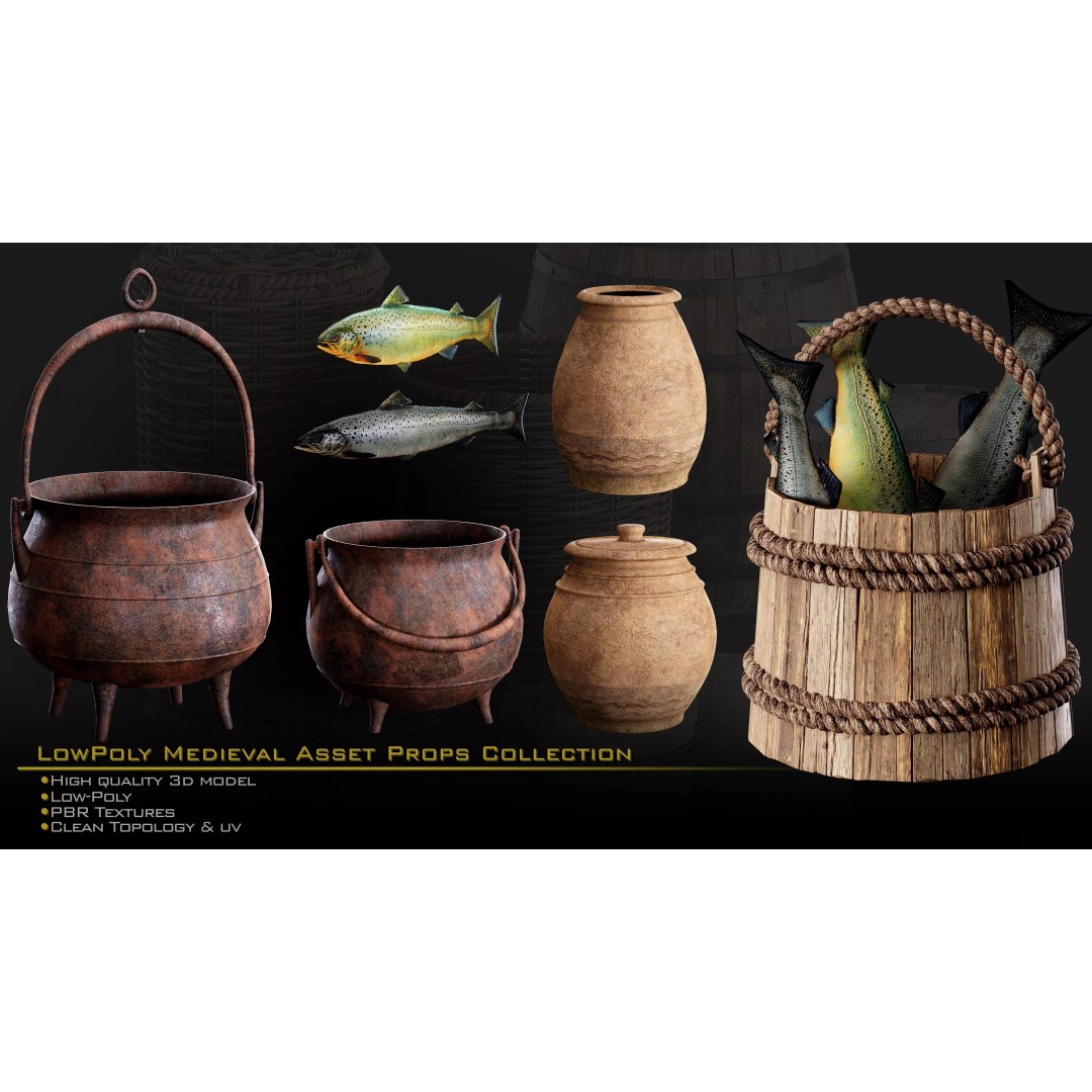 Medieval Props 3D Model – Low-Poly Kitbash for Games, FBX, PBR - View 12