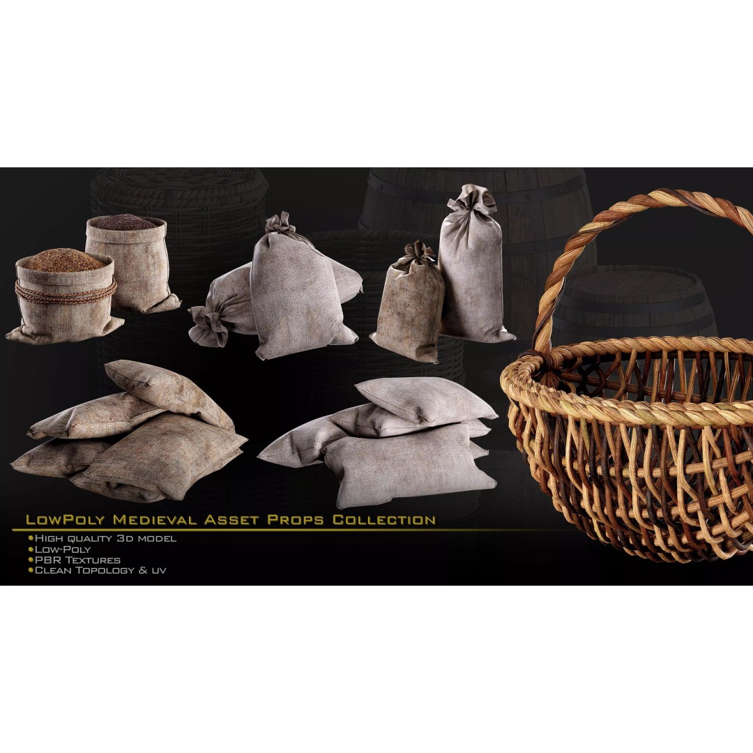 Medieval Props 3D Model – Low-Poly Kitbash for Games, FBX, PBR - View 13