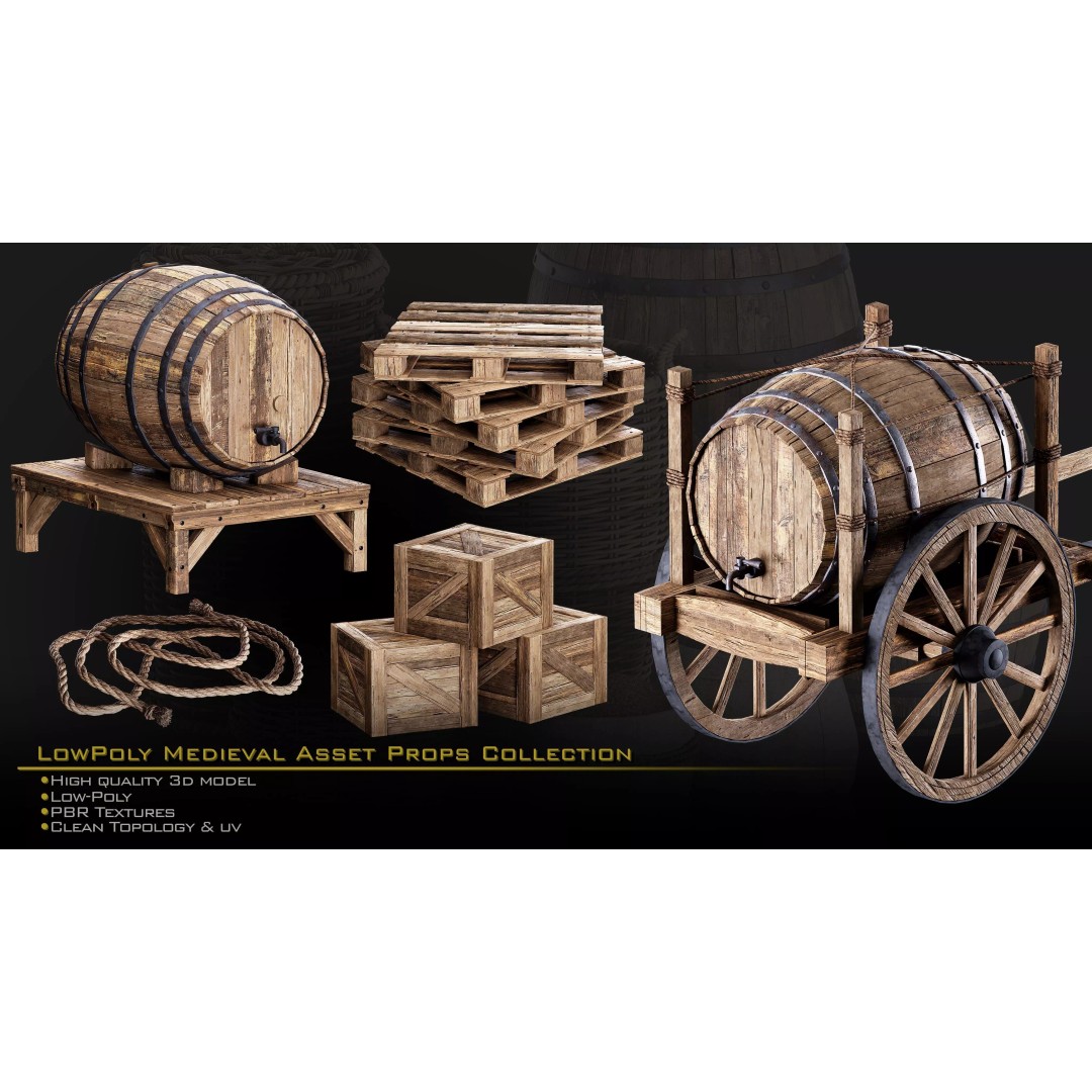 Medieval Props 3D Model – Low-Poly Kitbash for Games, FBX, PBR - View 14