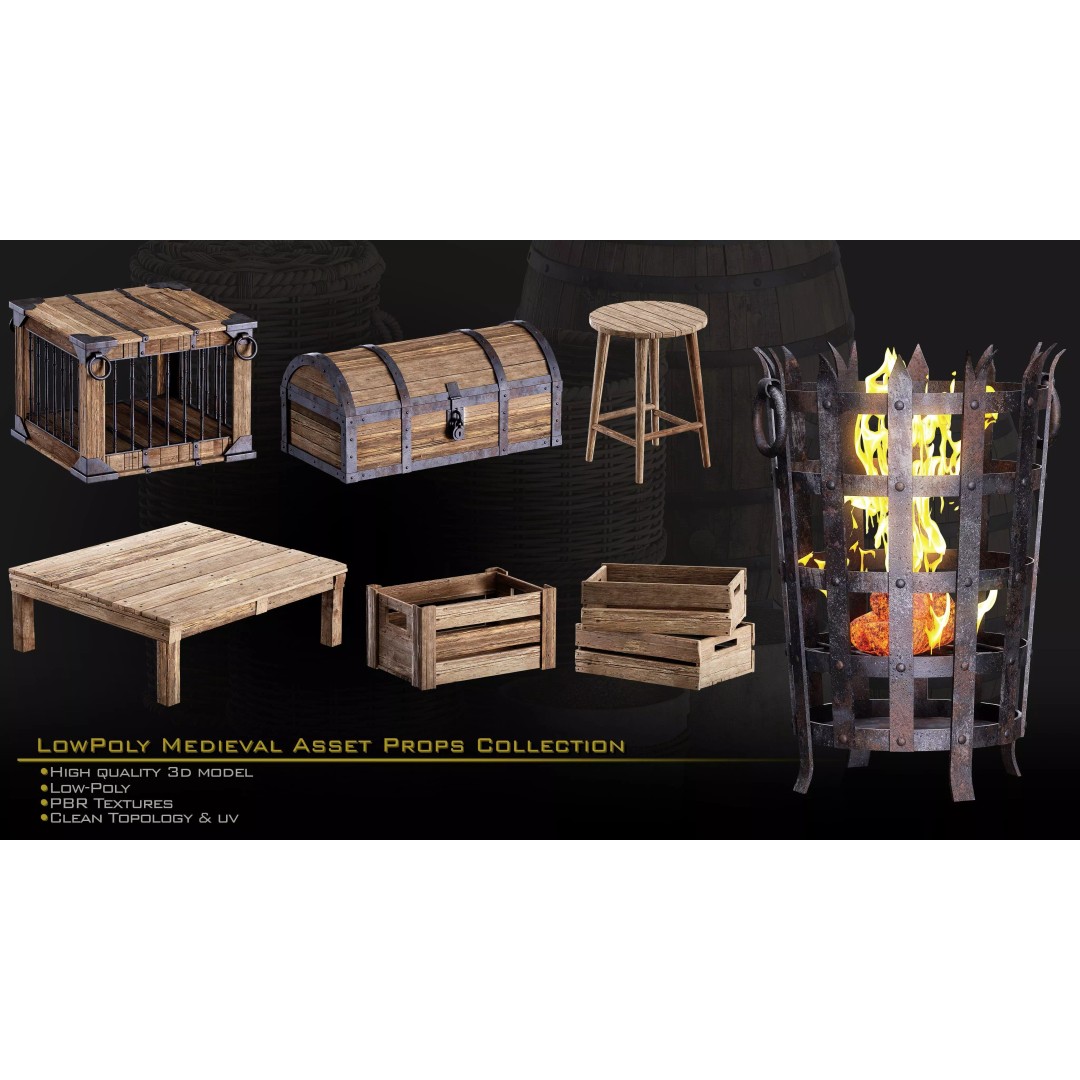 Medieval Props 3D Model – Low-Poly Kitbash for Games, FBX, PBR - View 15