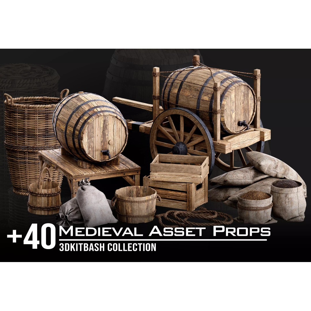 Medieval Props 3D Model – Low-Poly Kitbash for Games, FBX, PBR - View 2