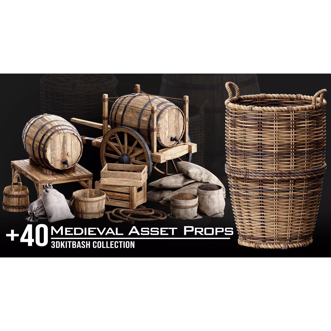 Medieval Props 3D Model – Low-Poly Kitbash for Games, FBX, PBR - View 3