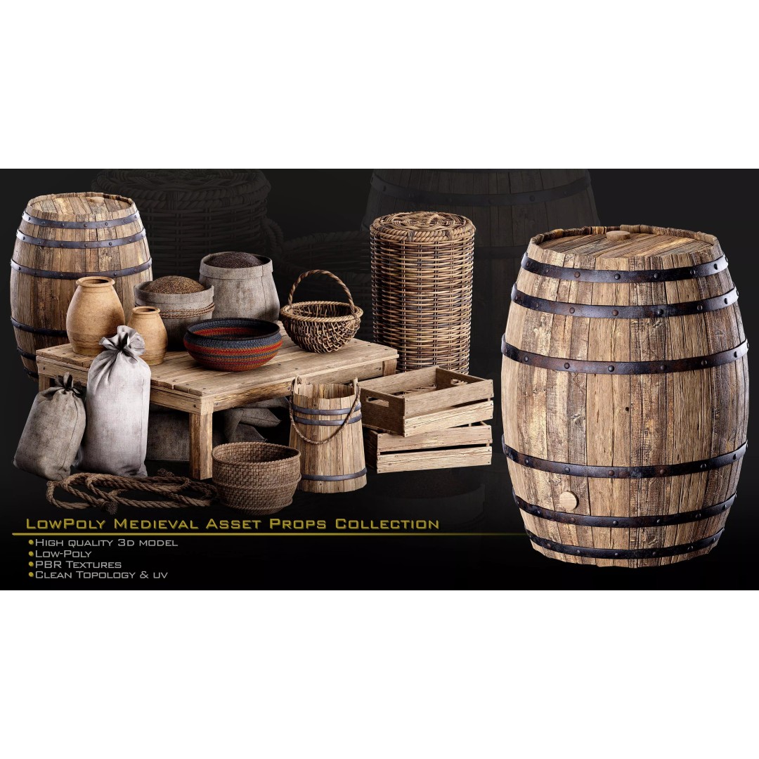 Medieval Props 3D Model – Low-Poly Kitbash for Games, FBX, PBR - View 4