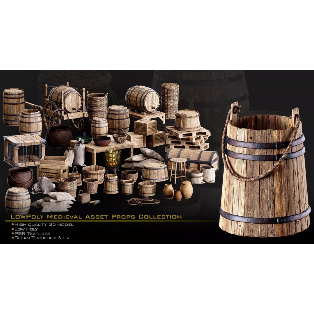 Medieval Props 3D Model – Low-Poly Kitbash for Games, FBX, PBR - View 5