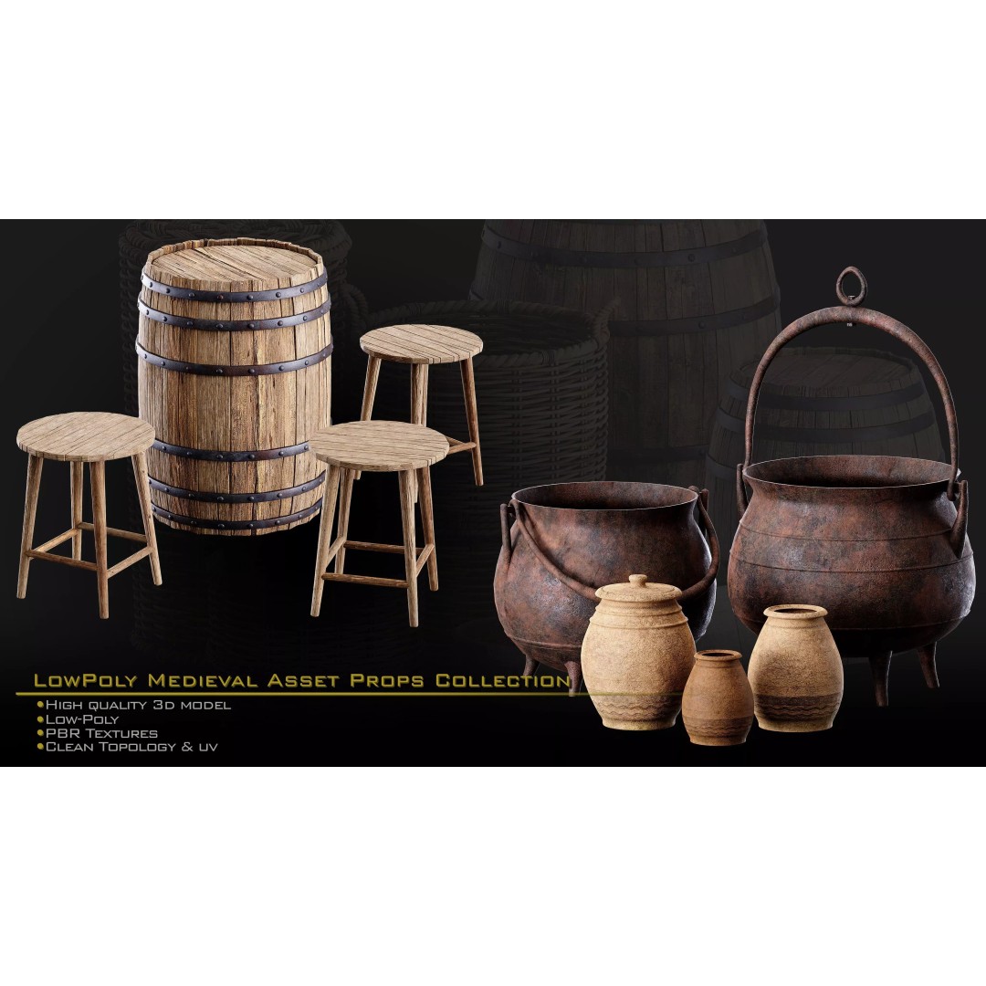 Medieval Props 3D Model – Low-Poly Kitbash for Games, FBX, PBR - View 7