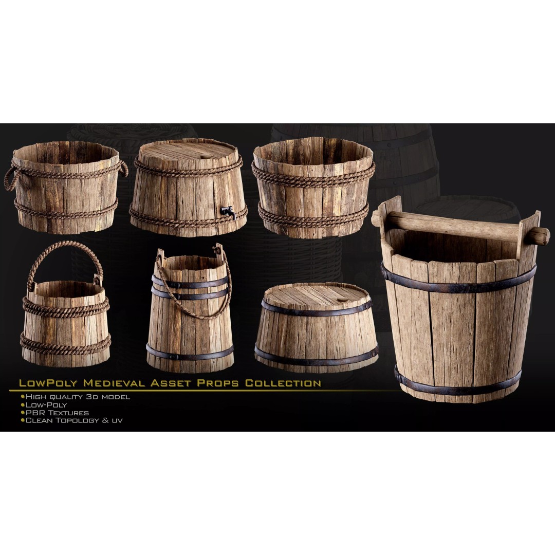Medieval Props 3D Model – Low-Poly Kitbash for Games, FBX, PBR - View 8