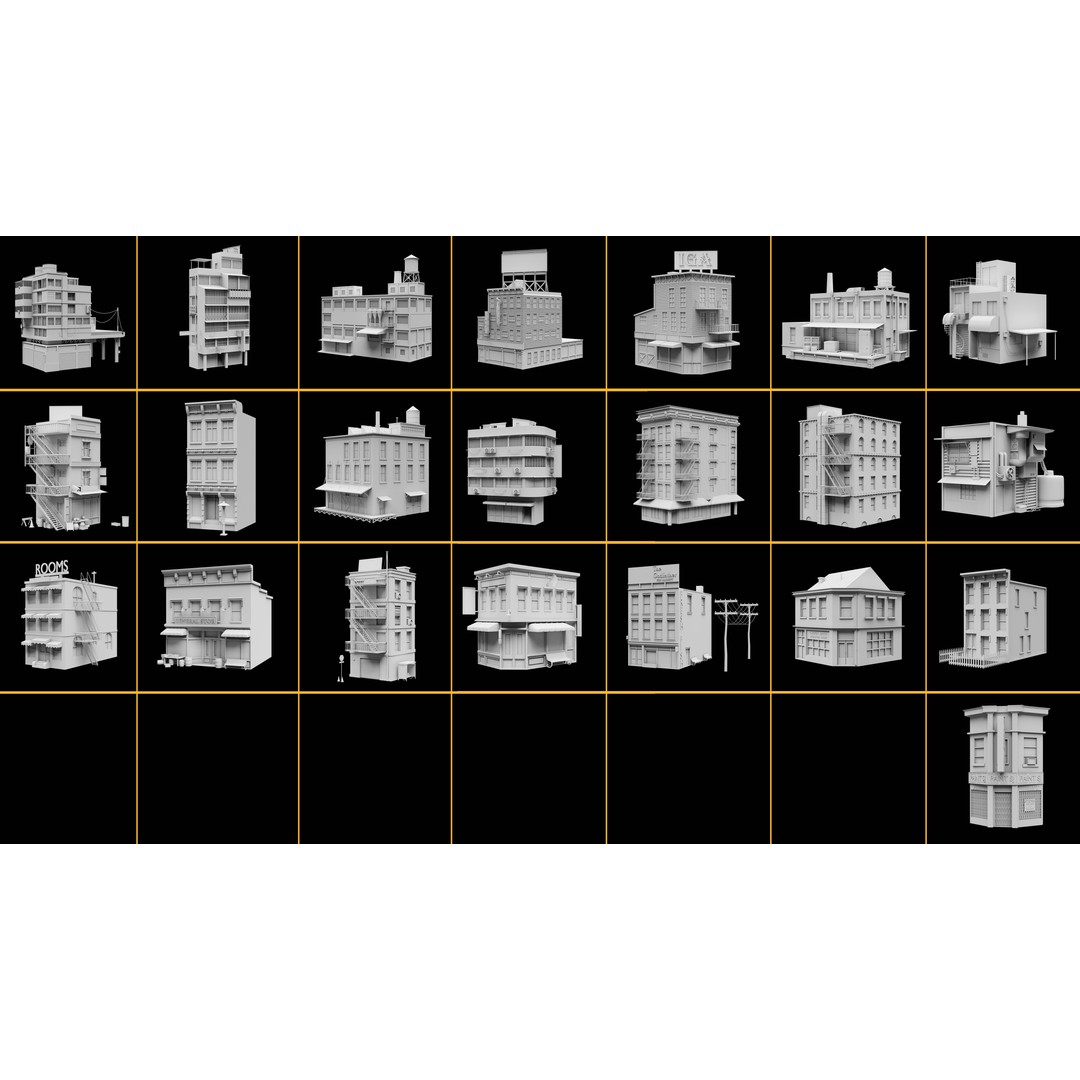 Urban Building Kitbash 3D Model – Detailed Collection, FBX & Blender