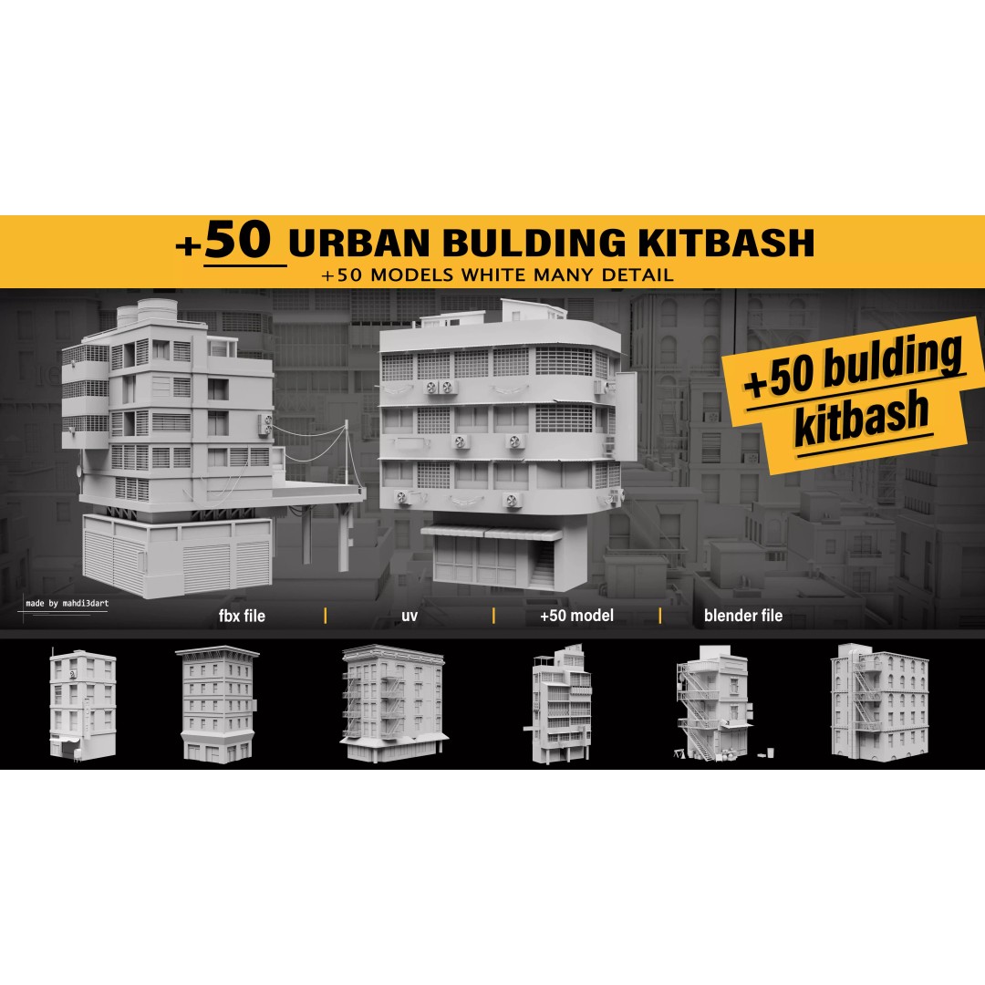 Urban Building Kitbash 3D Model – Detailed Collection, FBX & Blender - View 2