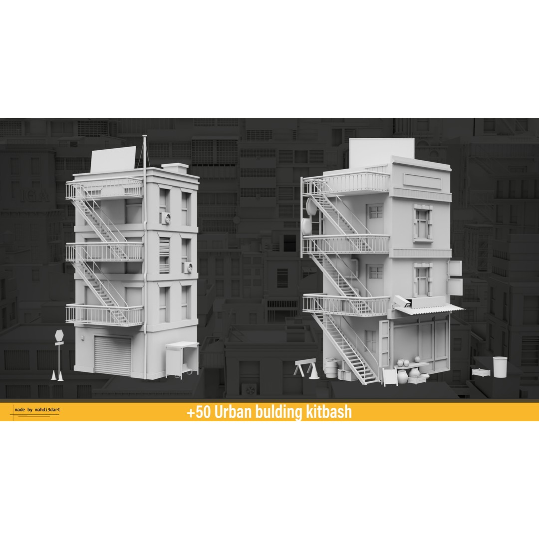 Urban Building Kitbash 3D Model – Detailed Collection, FBX & Blender - View 21