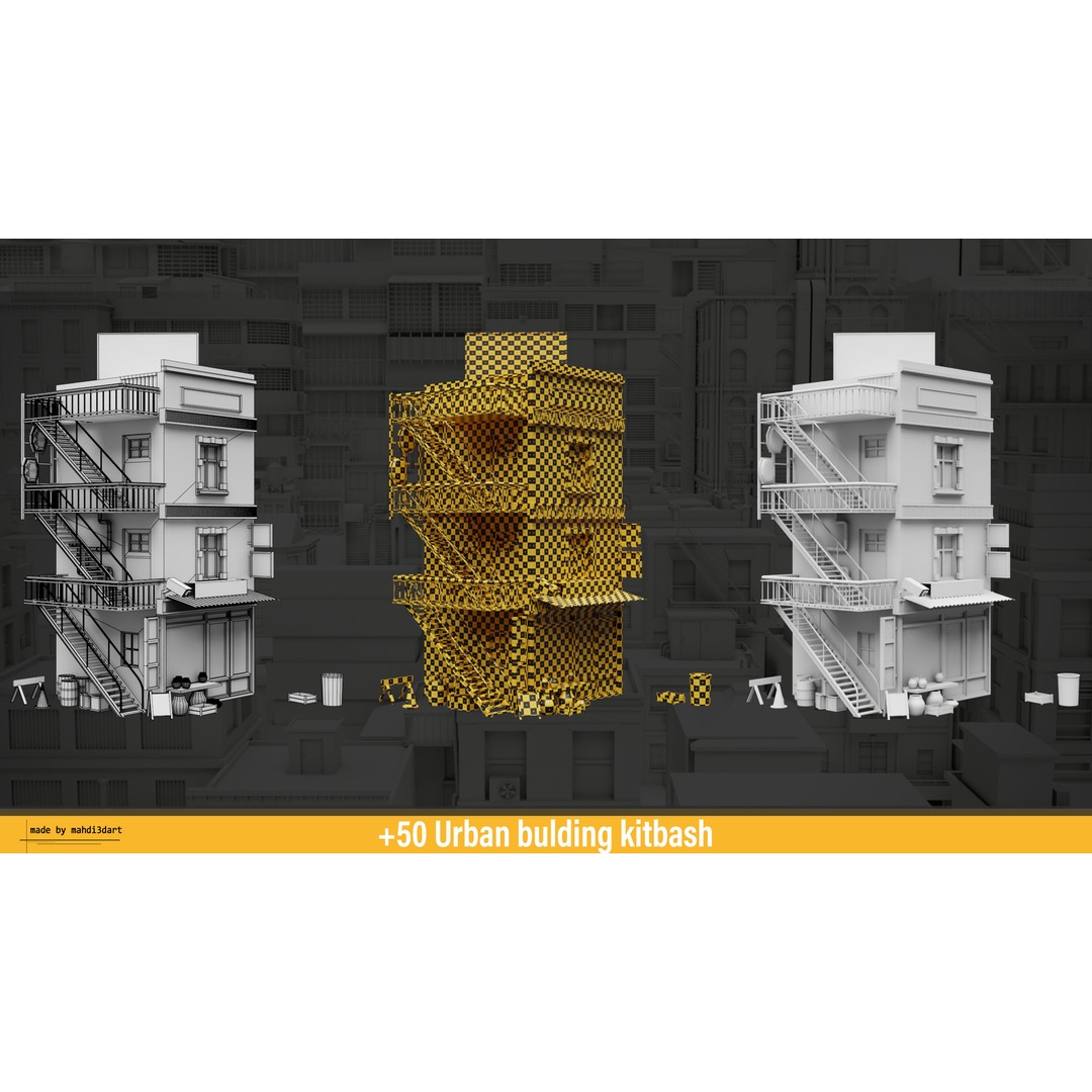 Urban Building Kitbash 3D Model – Detailed Collection, FBX & Blender - View 5