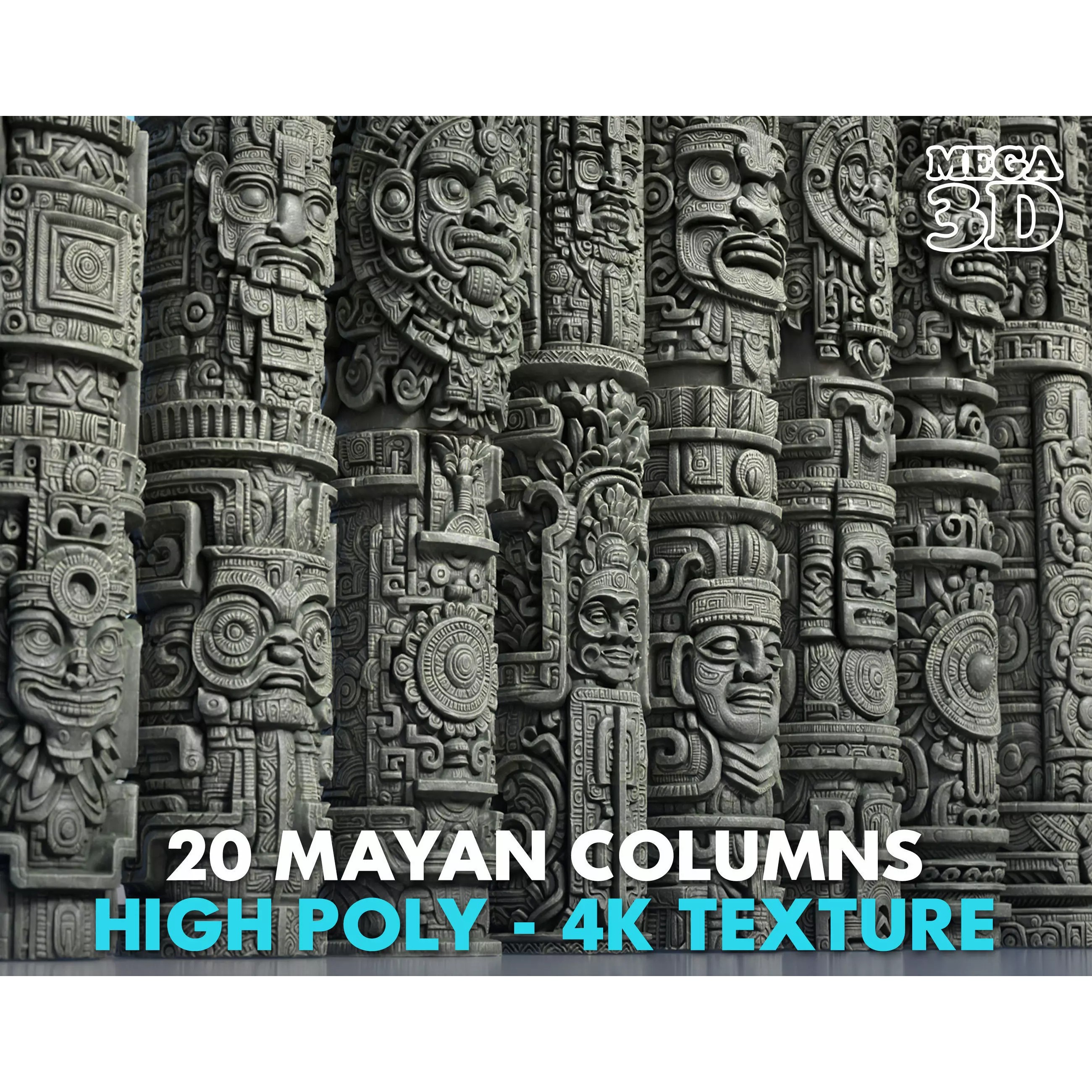 High Poly Mayan Columns - Game-Ready 3D Model - View 2